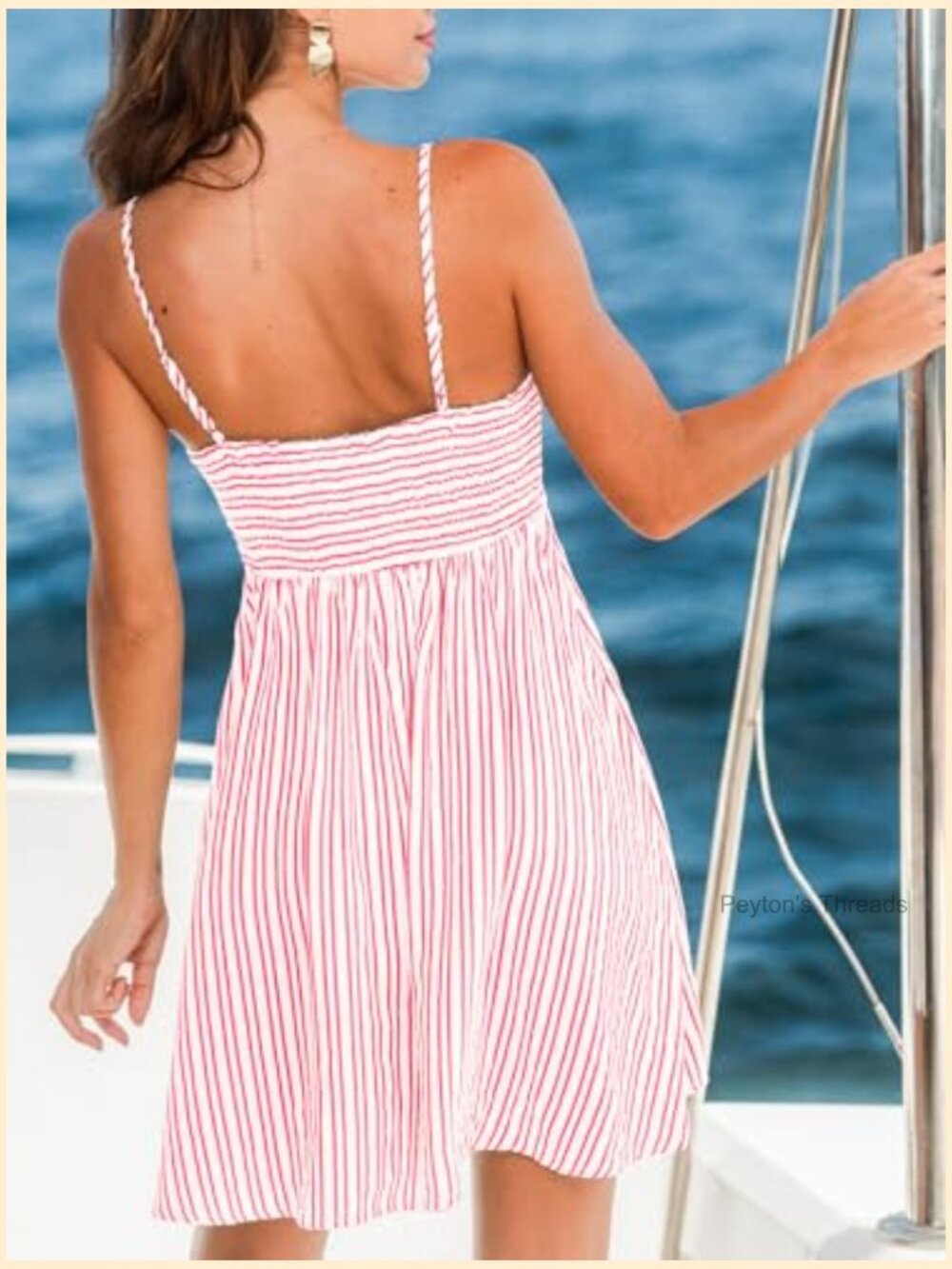 Smocked Square Neck Striped Mini Dress with Pockets - Picture 2 of 7